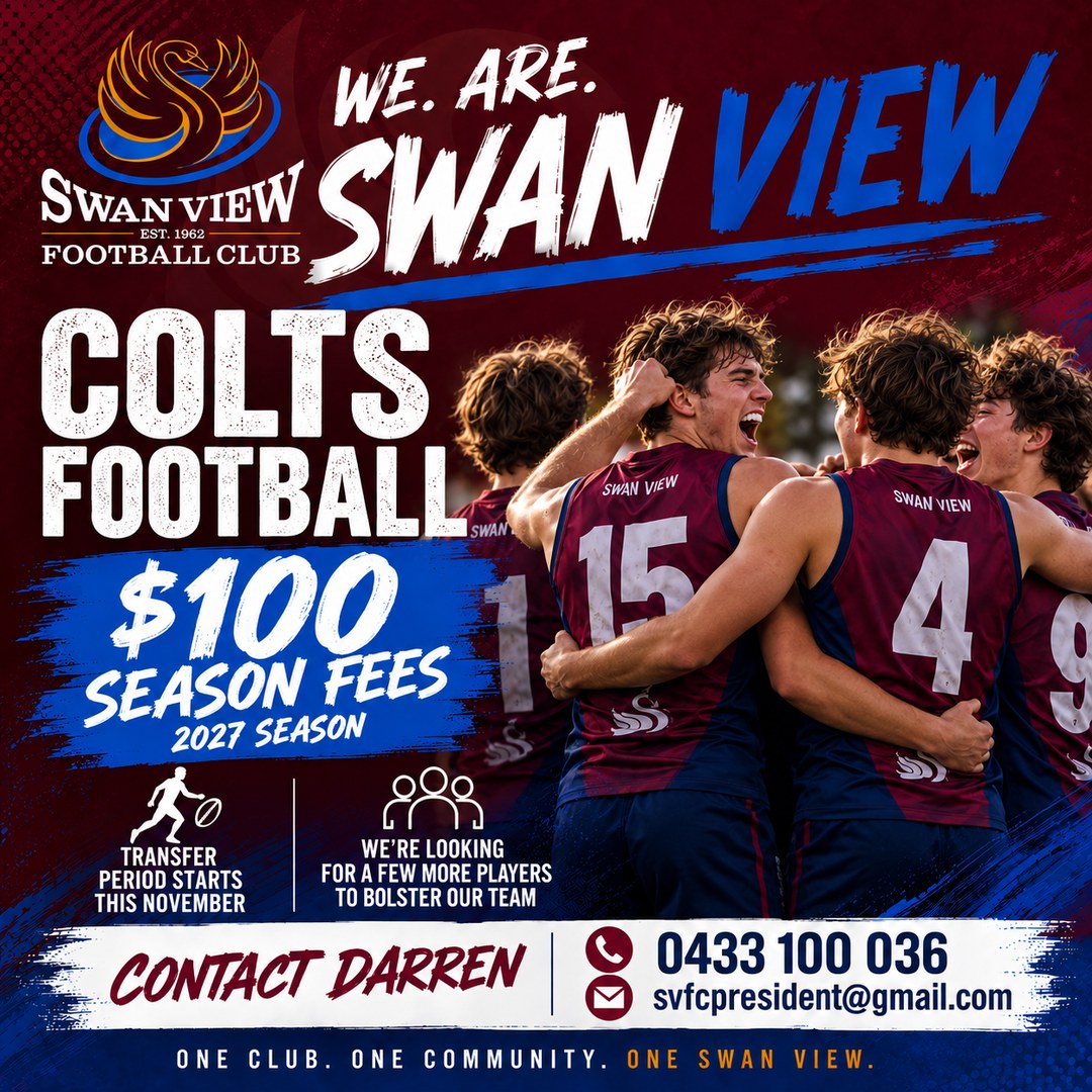Colts football: $100 season fees for the 2027 season. Transfer period starts this November and the club is looking for a few more players to bolster the team. Contact Darren on 0433 100 036 or svfcpresident@gmail.com.