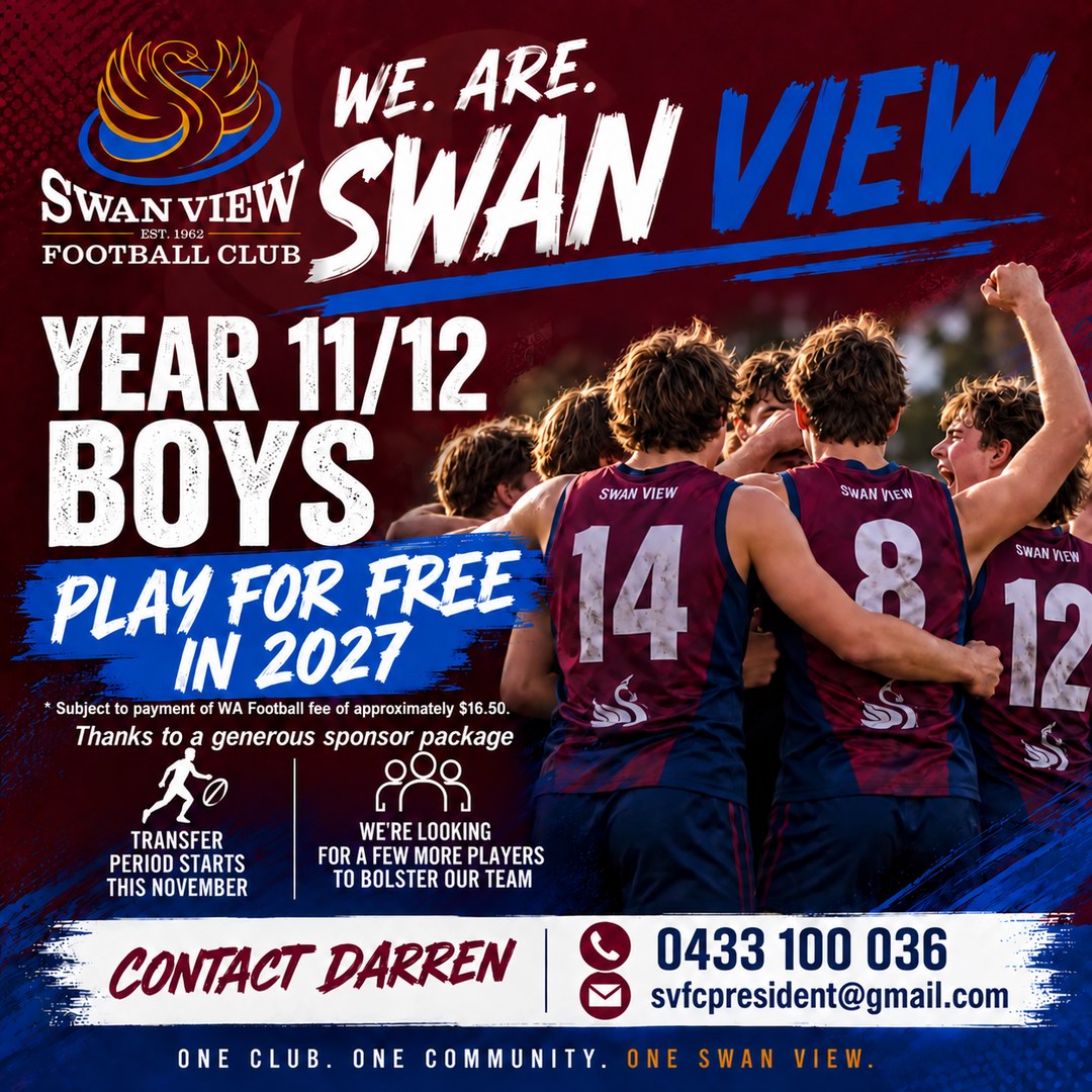 Year 11/12 boys: play for free in 2027, subject to payment of the WA Football fee of approximately $16.50, thanks to a generous sponsor package. Transfer period starts this November. Contact Darren on 0433 100 036 or svfcpresident@gmail.com.